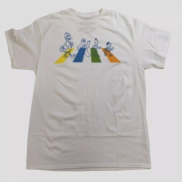 Sesame Street Mens Sesame Team Abbey Road Cross Spoof White Shirt New S-XL - Picture 1 of 3